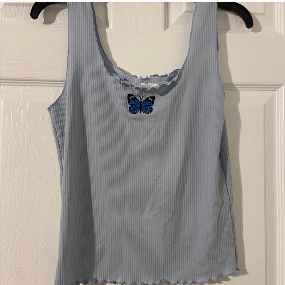 Blue Butterfly Ribbed Crop Top Lettuce Trim Sleeveless Size XL